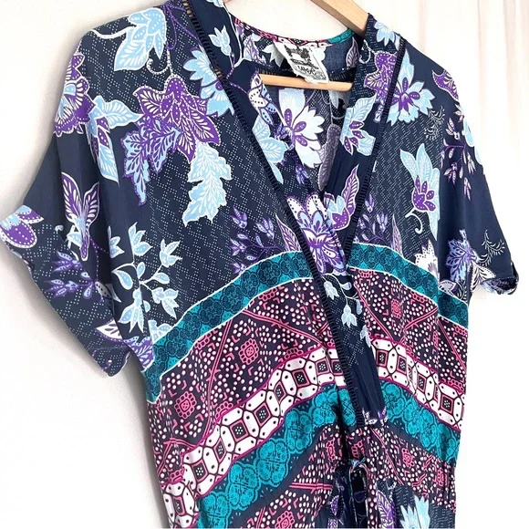 Jaase Boho Batik Style Print Tiered Maxi Dress in Navy and Lavender - Size S - Picture 12 of 12